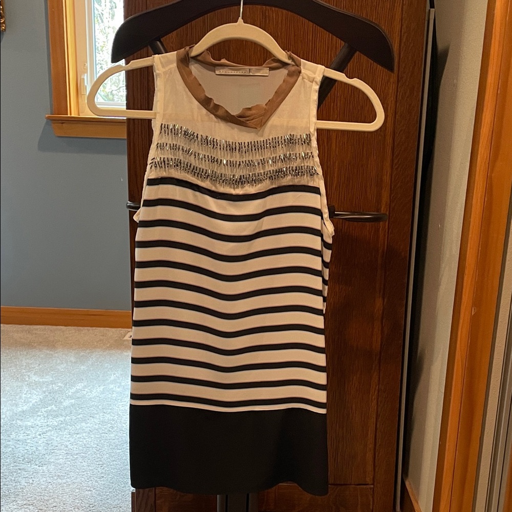 Beaded Striped Sleeveless Tank Top - Black & White